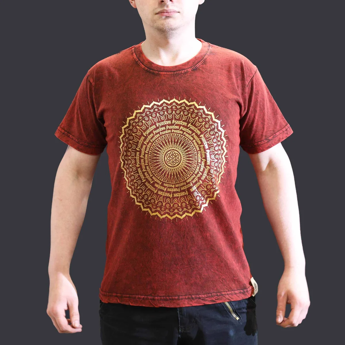 Maroon small stone washed t-shirt with mandala design on front, short sleeves and crew neck style