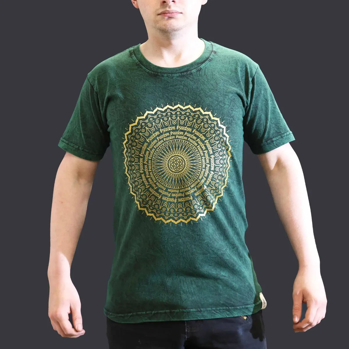 Green small stone washed mandala t-shirt with round neck and short sleeves displayed on plain background