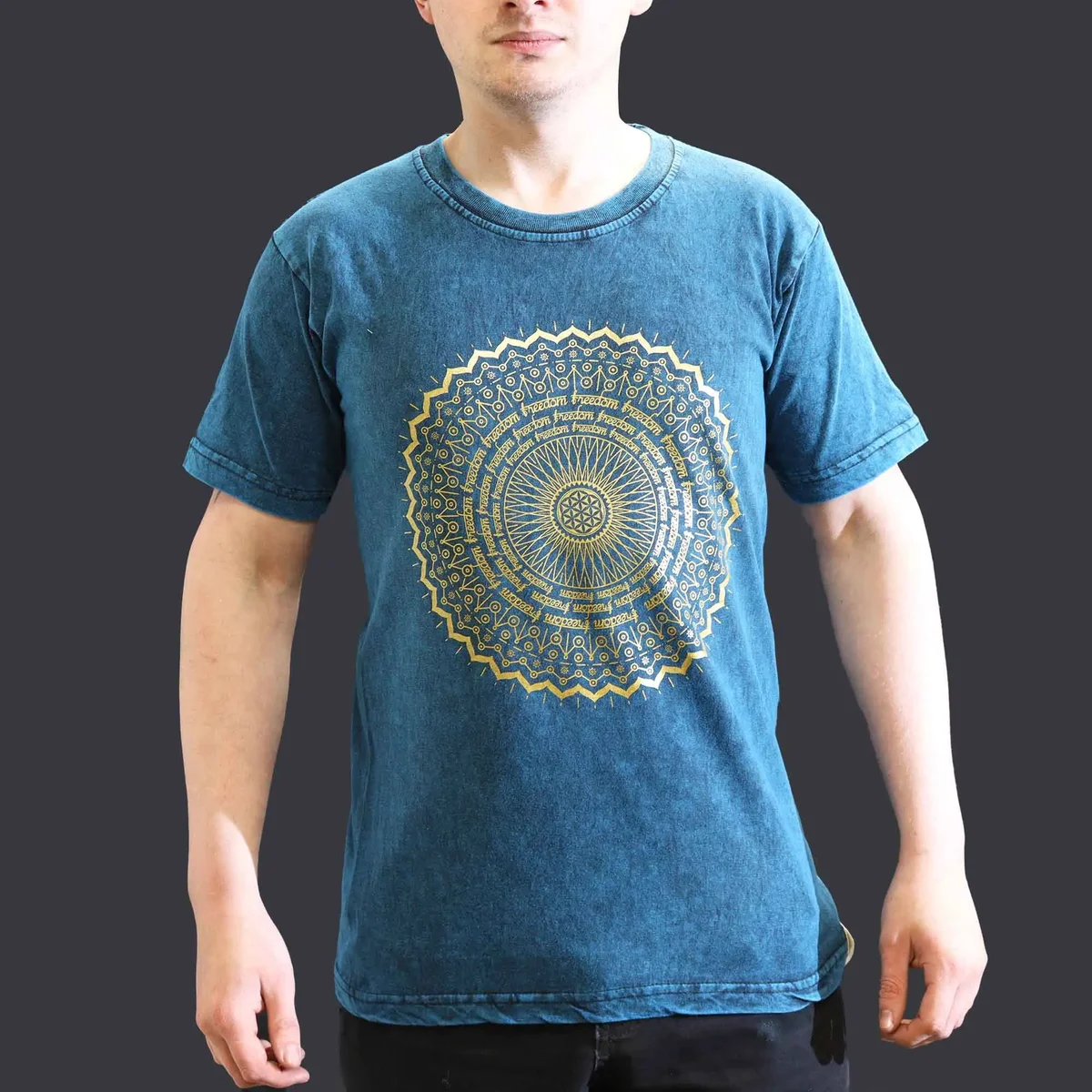 Blue small stone washed mandala t-shirt with intricate circular mandala design on front