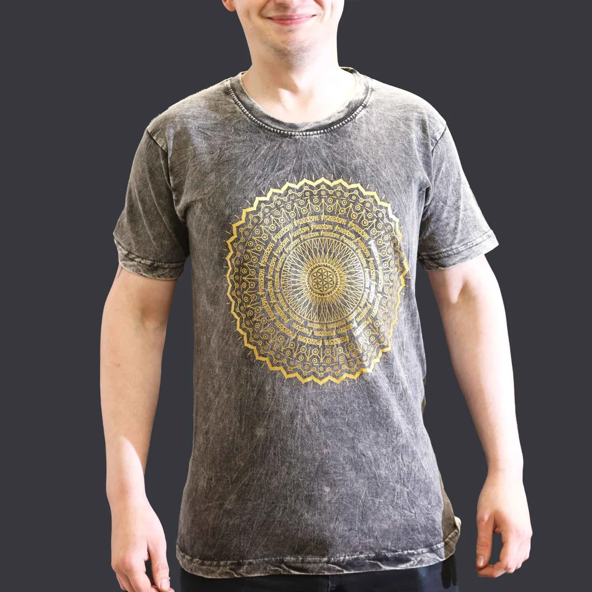 Dark grey stone washed t-shirt featuring a small mandala design on the front, casual fit