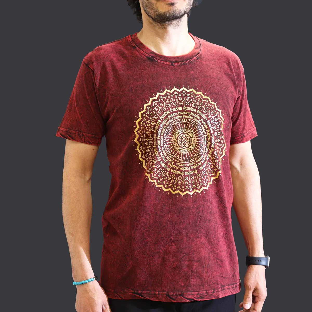Maroon t-shirt with medium stone washed effect featuring a detailed mandala design on the front