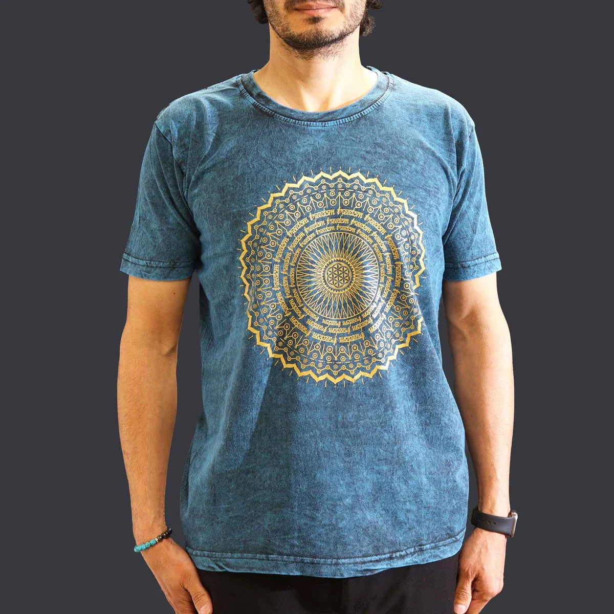 Blue medium stone washed tee with mandala design on front, displayed flat against white background