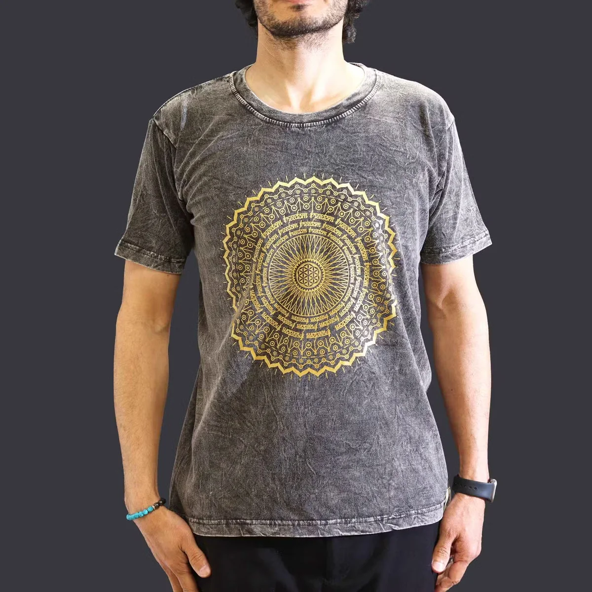 Dark grey medium stone washed tee with mandala design displayed on a plain background, showing front view and texture details