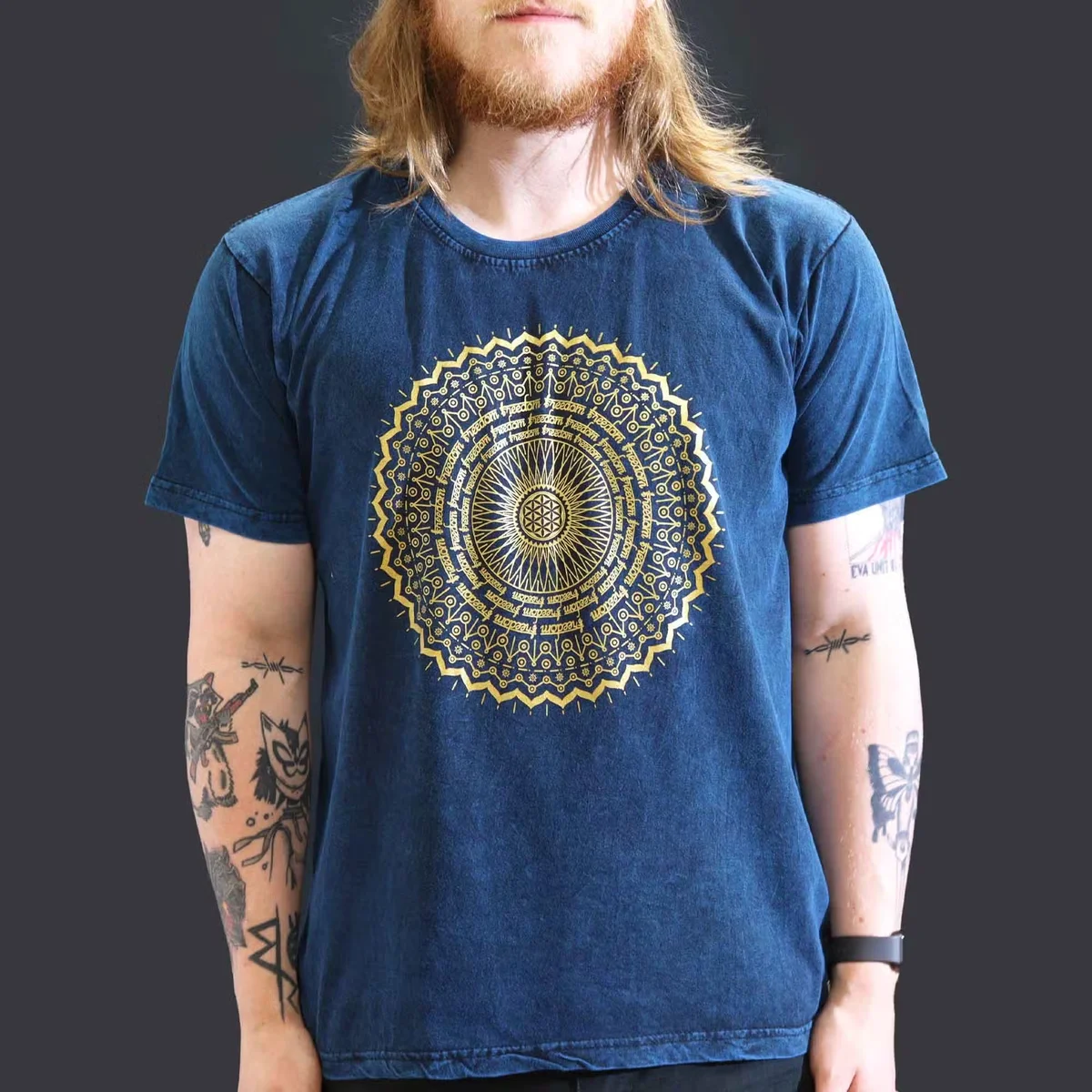 Blue large stone washed mandala print t-shirt displayed flat showing front design and texture details