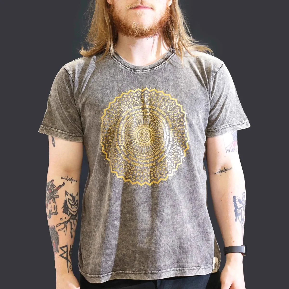 Dark grey t-shirt with large stone washed effect and mandala design on front, short sleeves, casual fit