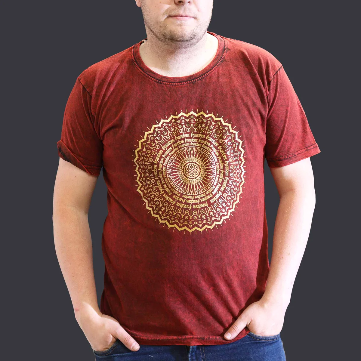 Maroon stone washed t-shirt in XLarge size featuring a detailed mandala design on the front
