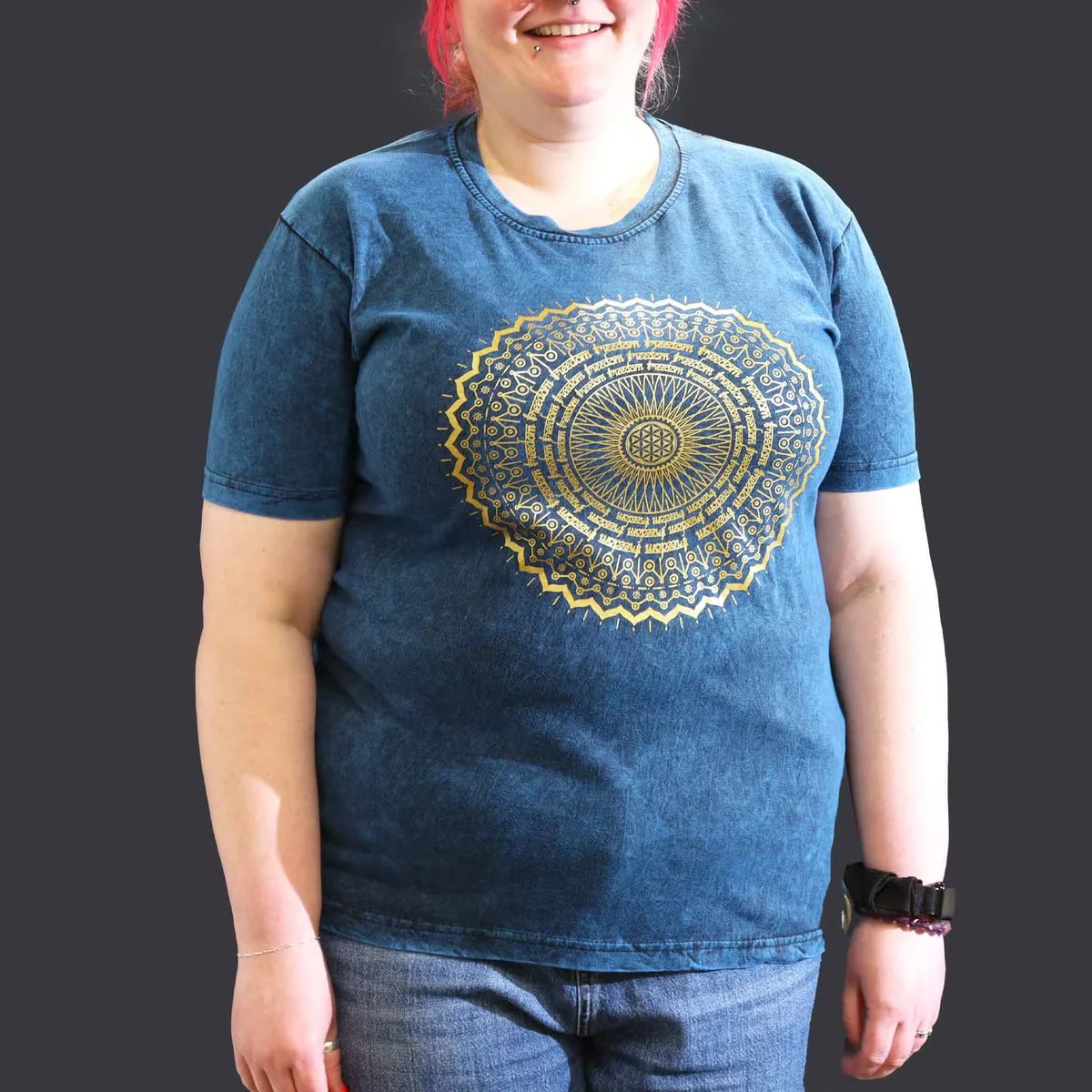 Blue XL mandala shirt with stone washed texture, featuring a detailed mandala design on the front.