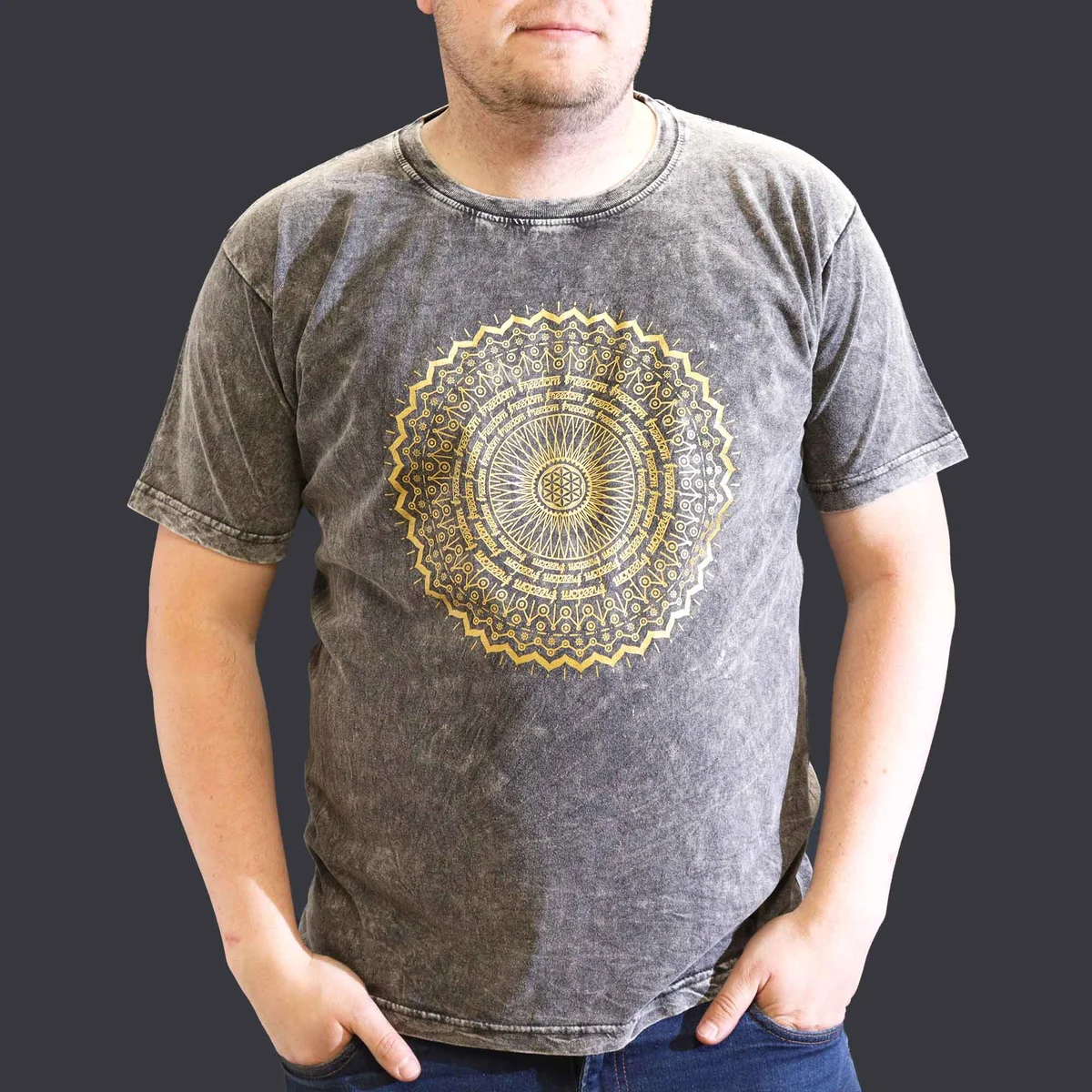 Dark grey XLarge stone washed mandala print t-shirt with intricate circular design on front, laid flat on white background