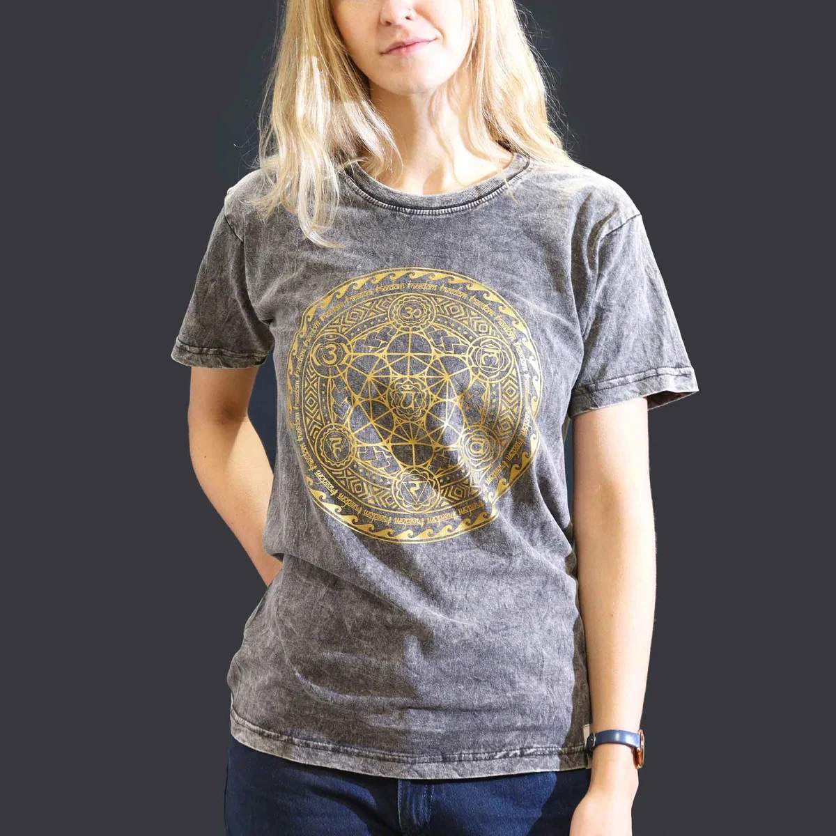Dark grey stone washed t-shirt with small chakra design on front, casual short sleeve style