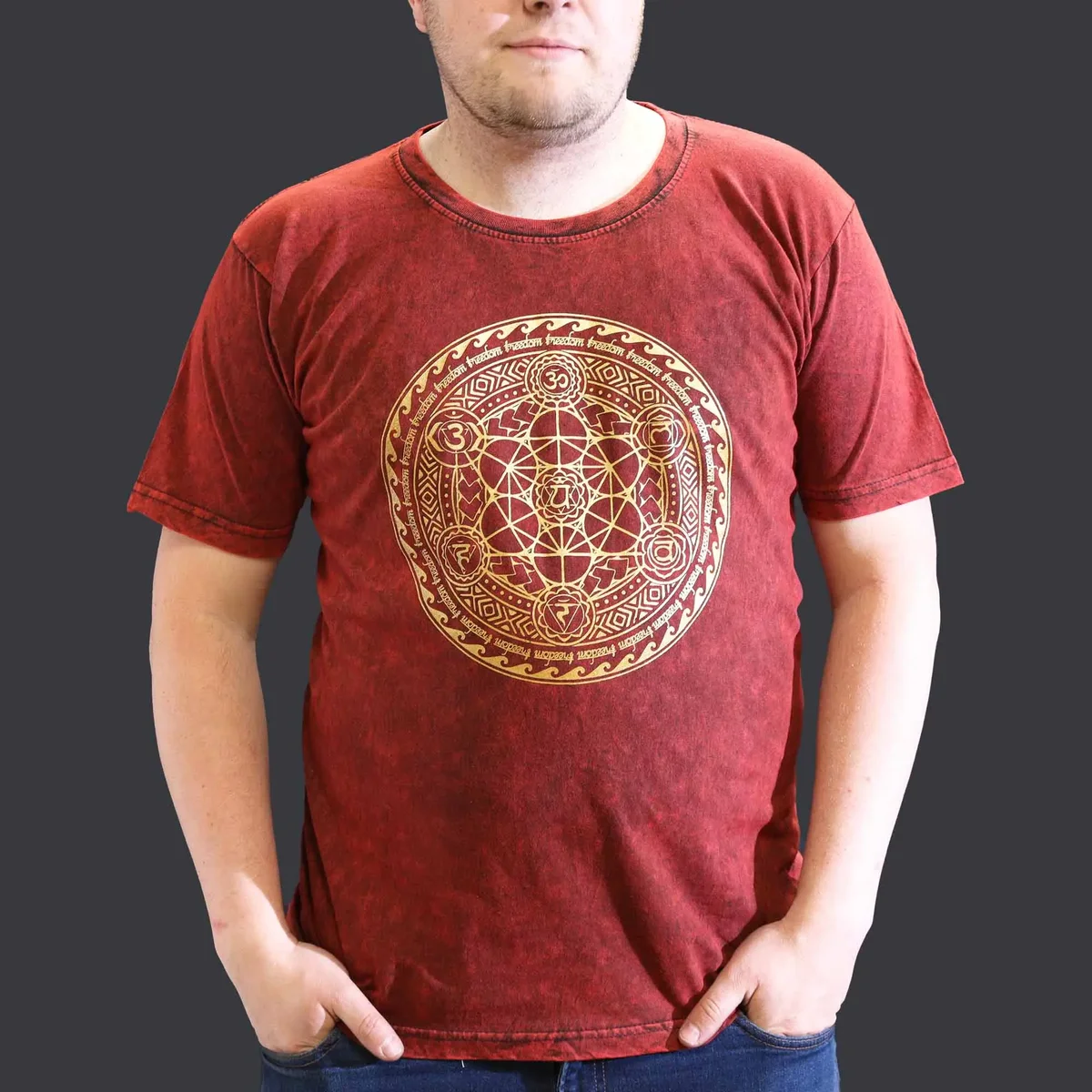 Maroon stone washed t-shirt with chakra design, XL size, casual short sleeve cotton top
