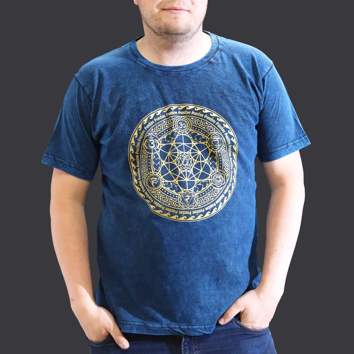 XL blue chakra t‑shirt front view, stone‑washed cotton tee