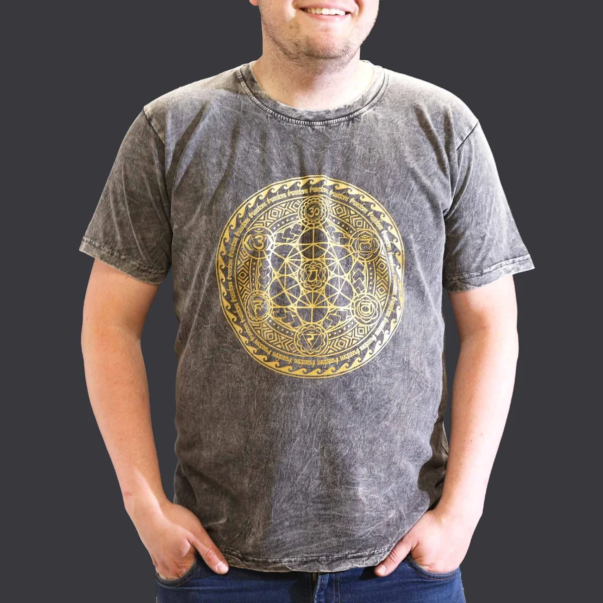 Dark grey stone washed t-shirt with chakra design, oversized fit, casual style