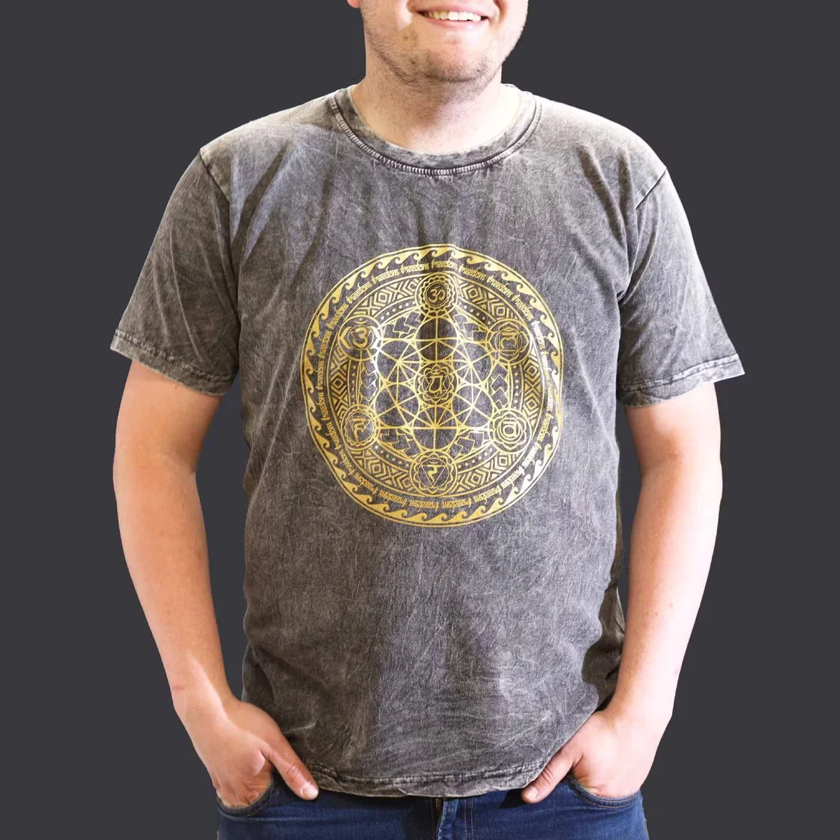 Dark grey xl t-shirt with stone washed finish and chakra design, displayed flat against a white background