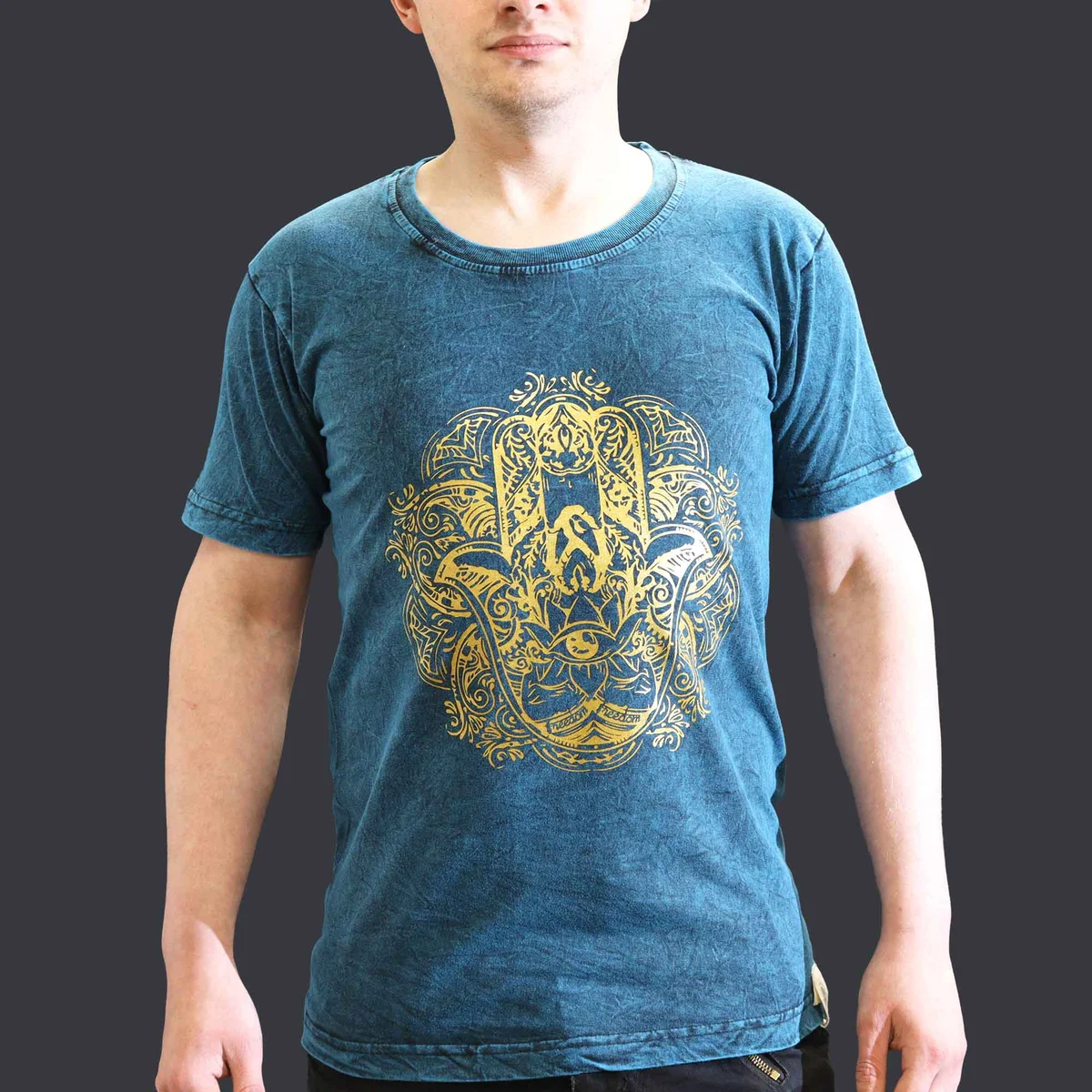 blue small stone washed tee featuring a Hamsa design