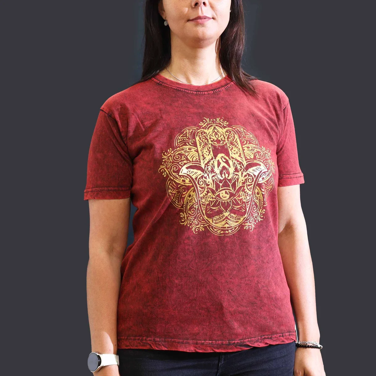Maroon medium stone washed t-shirt with Hamsa hand graphic on front, laid flat on white background