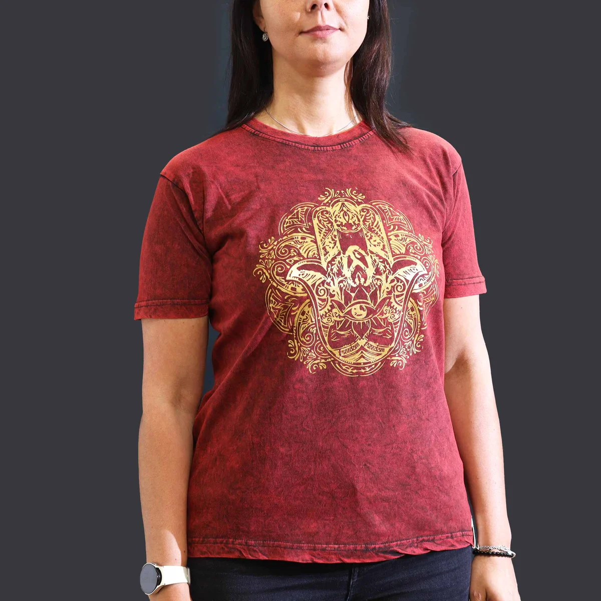 Maroon hamsa t-shirt medium stone washed fabric flat lay showing front design and texture details