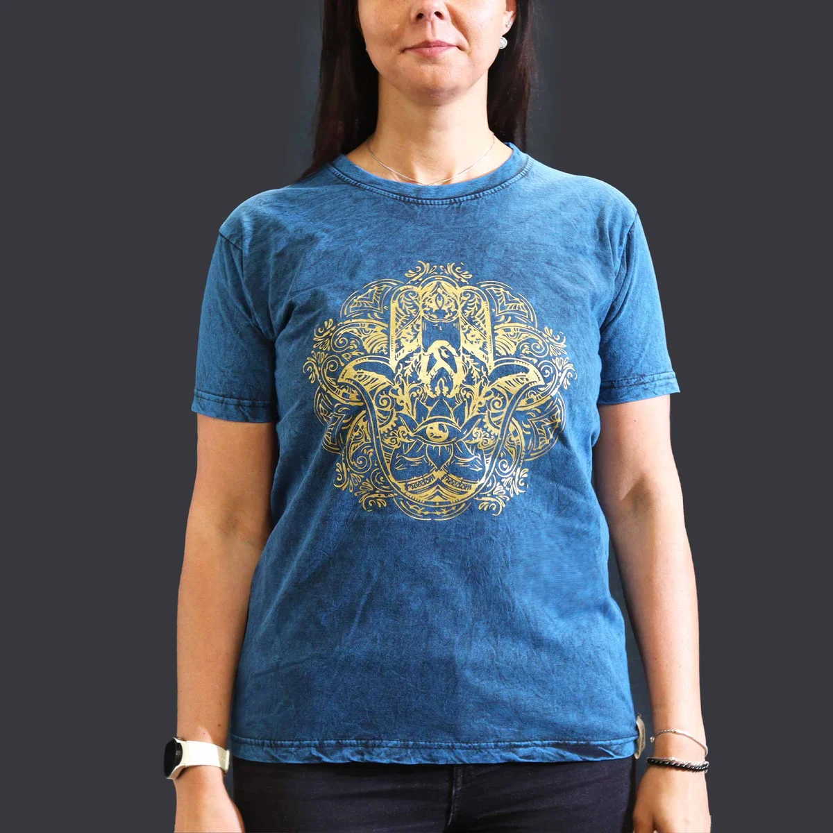 Blue medium stone washed shirt with Hamsa hand graphic on front, displayed flat against white background