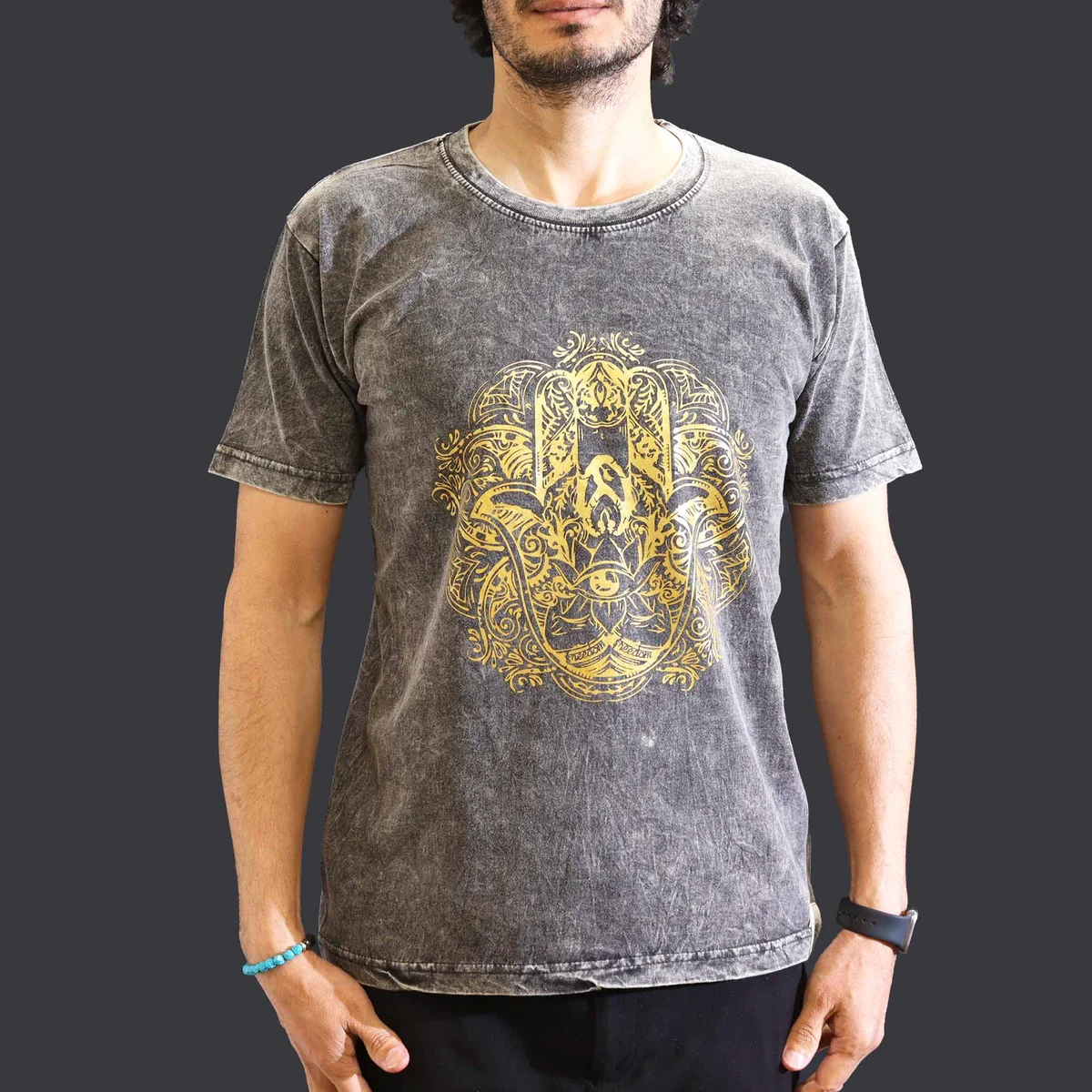 Medium stone washed dark grey t-shirt with a hamsa symbol design.