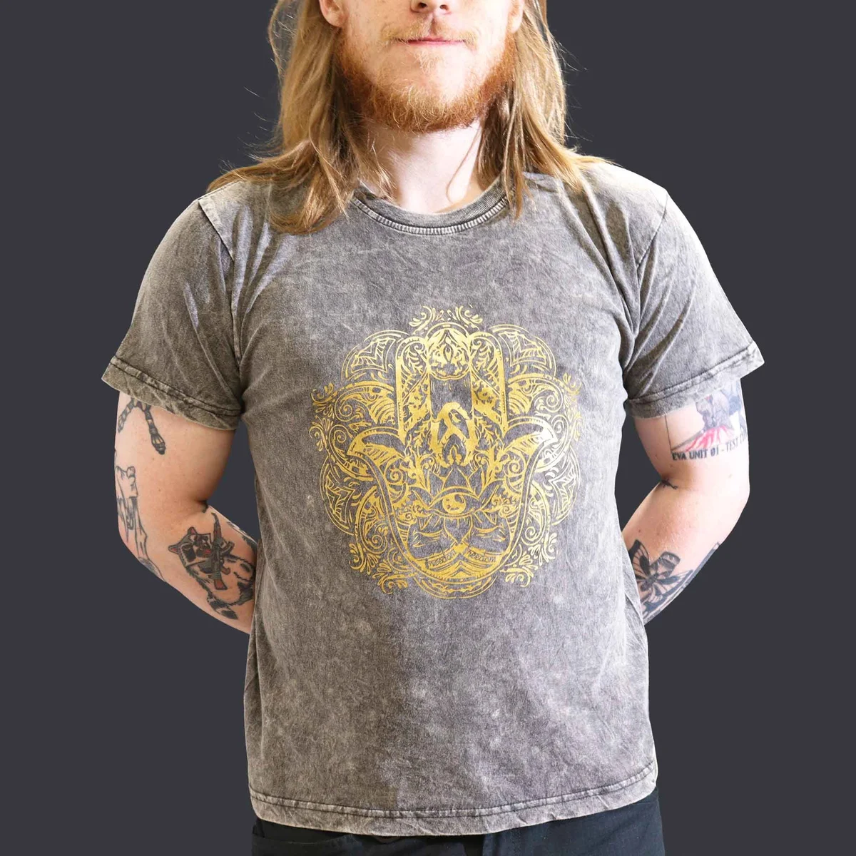Large stone washed t-shirt featuring a Hamsa design in dark grey