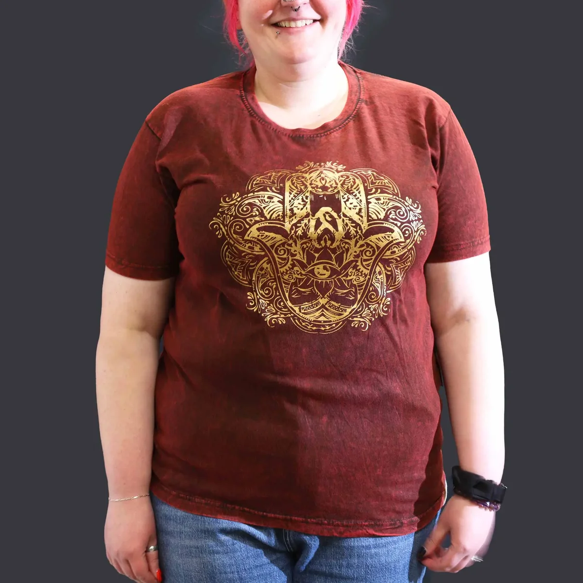 XL maroon hamsa t-shirt, stone washed, with embroidered hamsa symbol on front