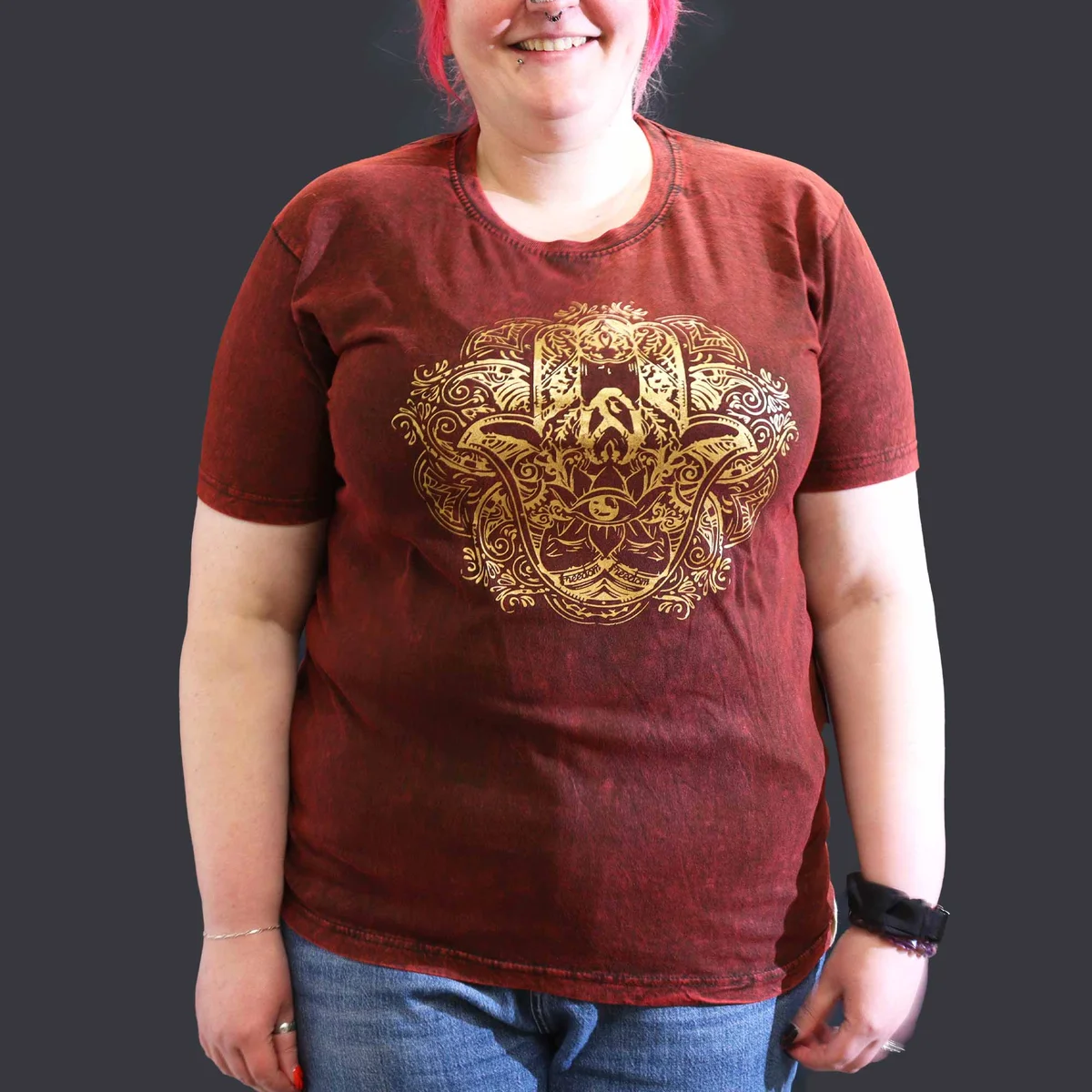 Maroon XLarge stone washed t‑shirt featuring a printed hamsa symbol on the front.