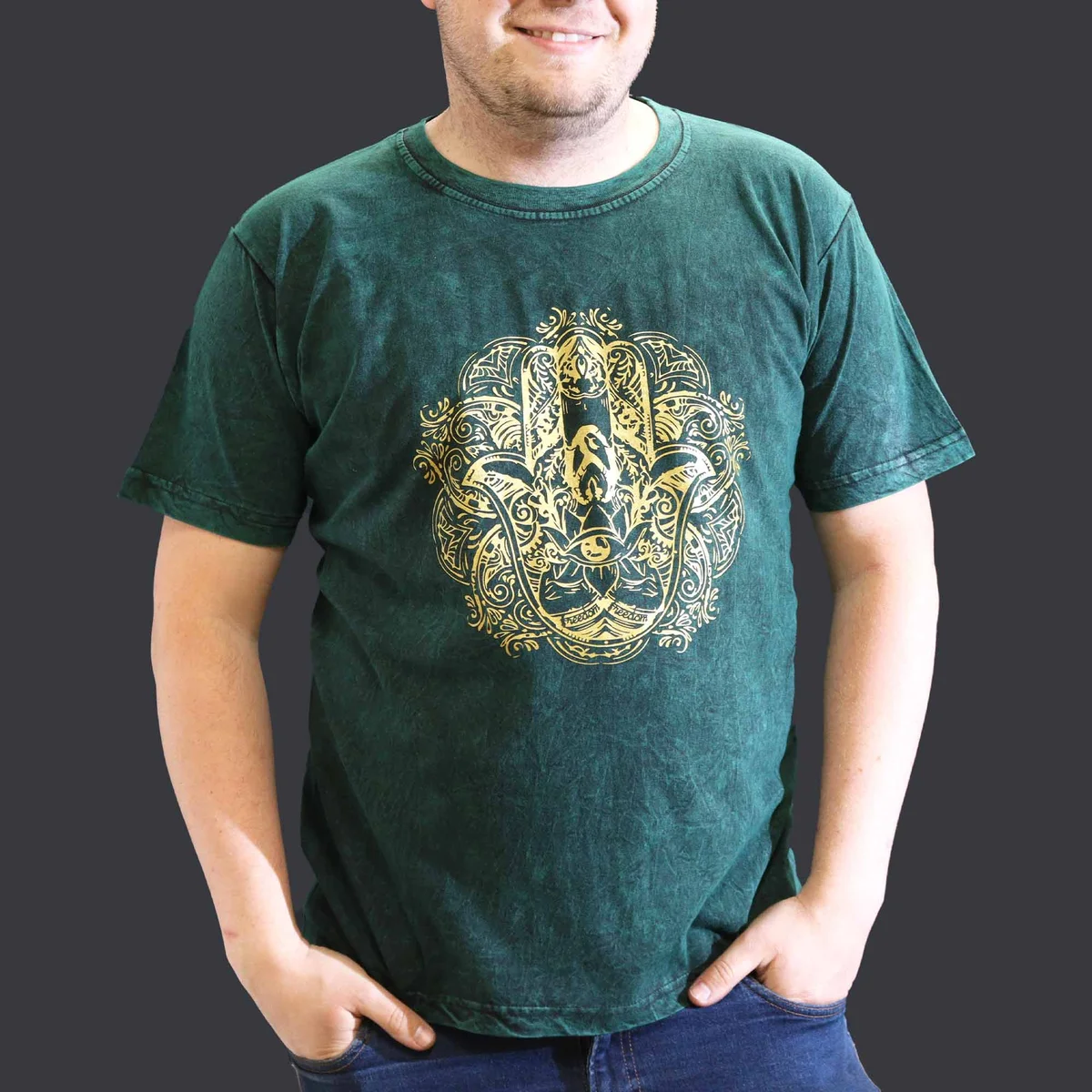 XL green stone washed tee featuring a hamsa symbol