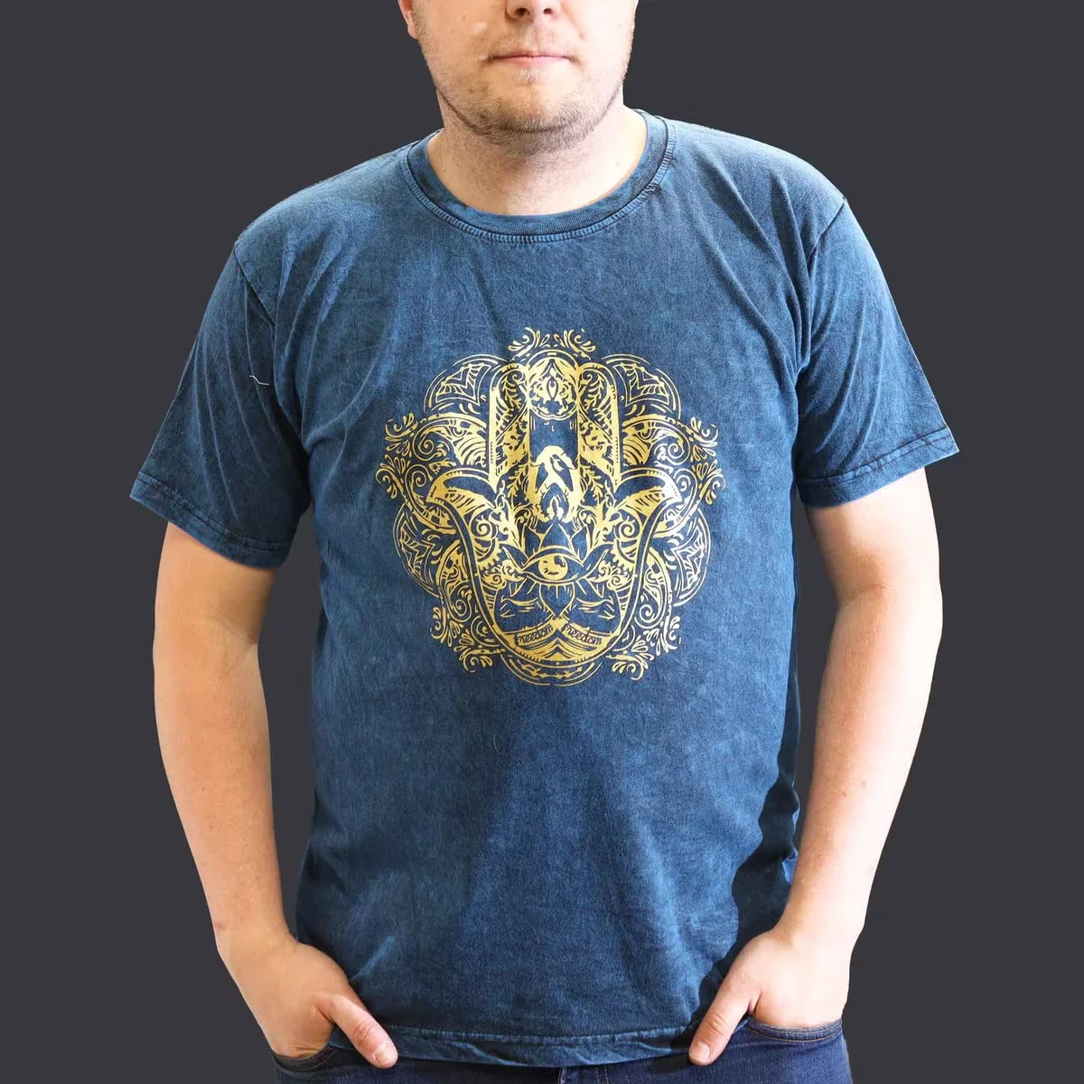 XLarge blue stone washed men's casual t-shirt featuring a Hamsa hand graphic on the front, displayed flat
