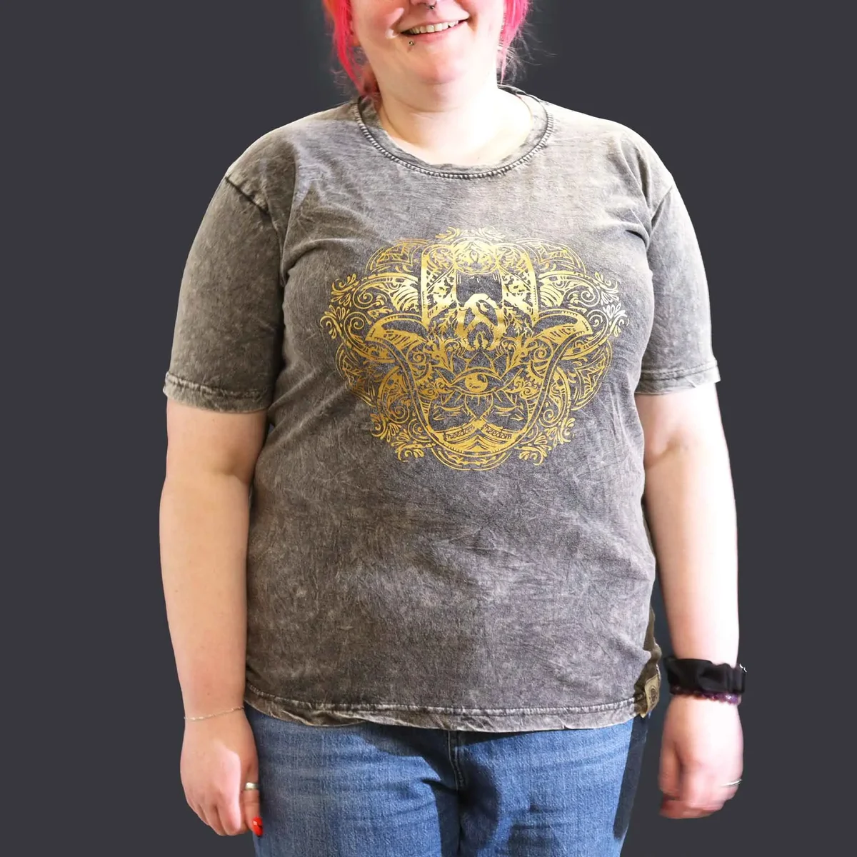 Dark grey XLarge t-shirt with stone washed effect and Hamsa hand graphic on front