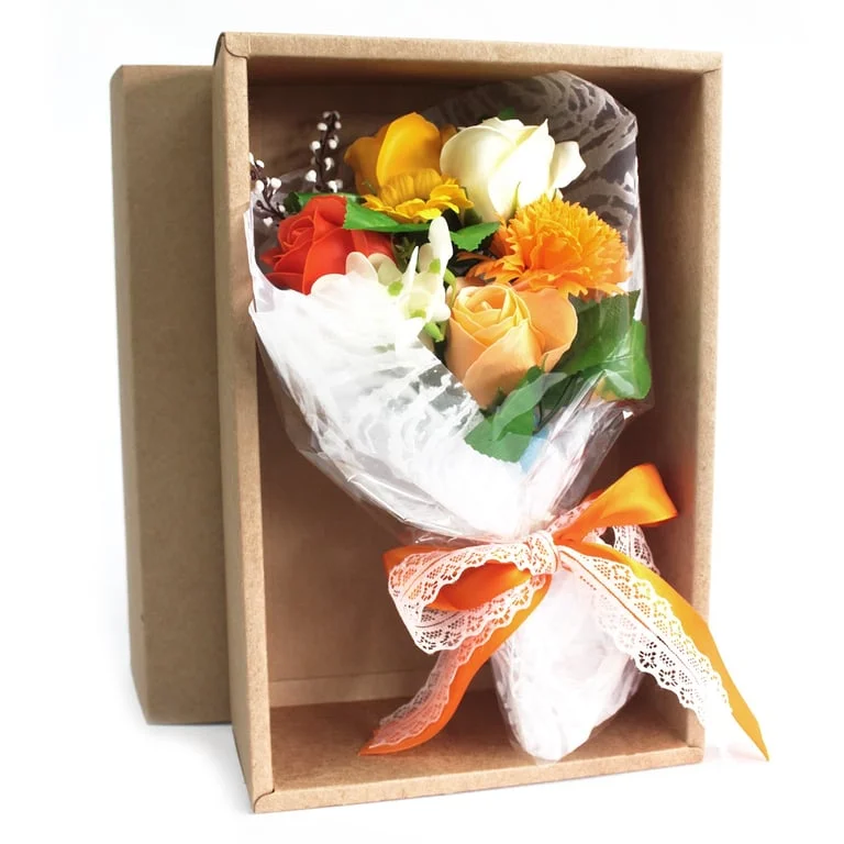 Orange boxed hand soap bouquet arranged like a floral arrangement.