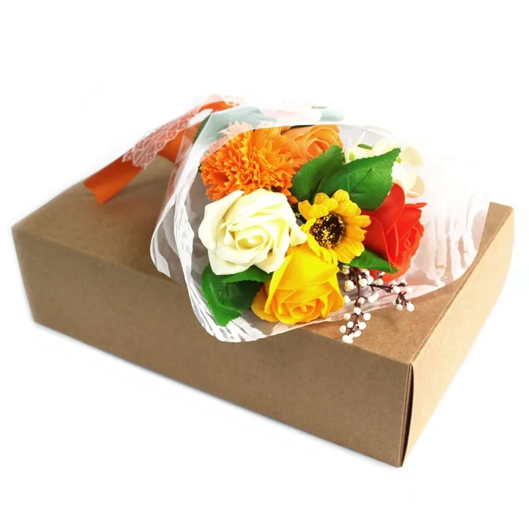 Orange hand soap contained in a festive bouquet of flowers, packaged in a special box