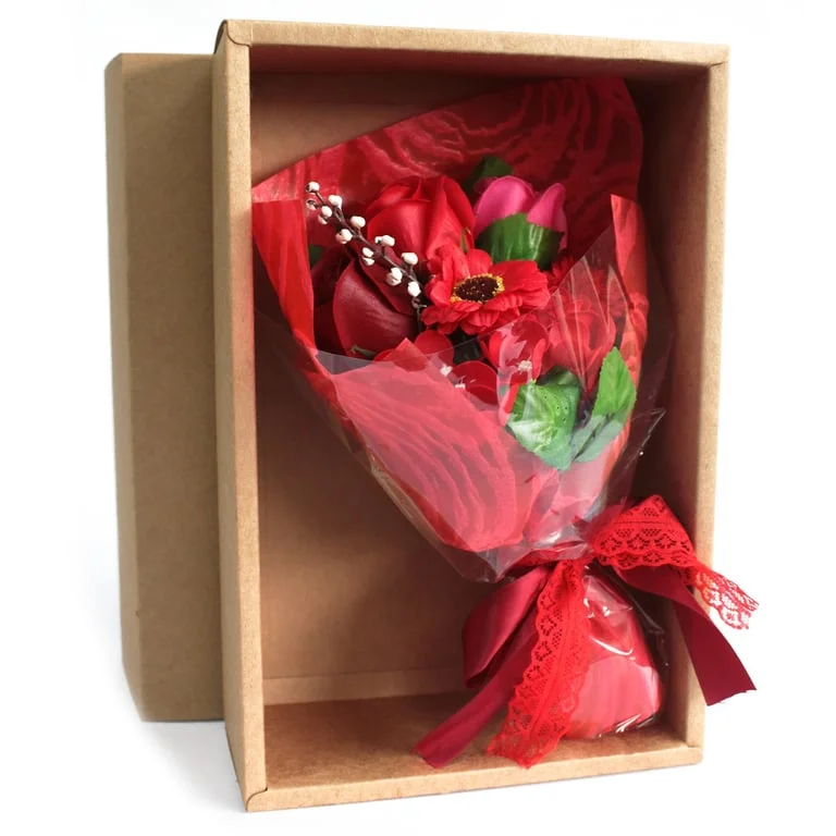 Red boxed hand soap bouquet featuring scented soap bottles arranged like a floral bouquet