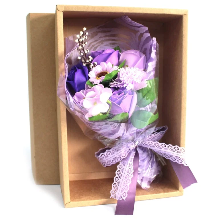 Purple hand soap bouquet presented in a decorative box.