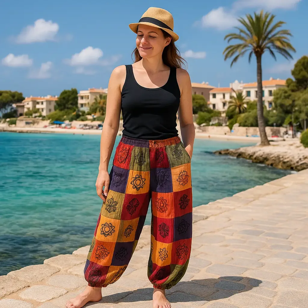 Nomad Sari mushroom pants in orange tones, styled as block print pants
