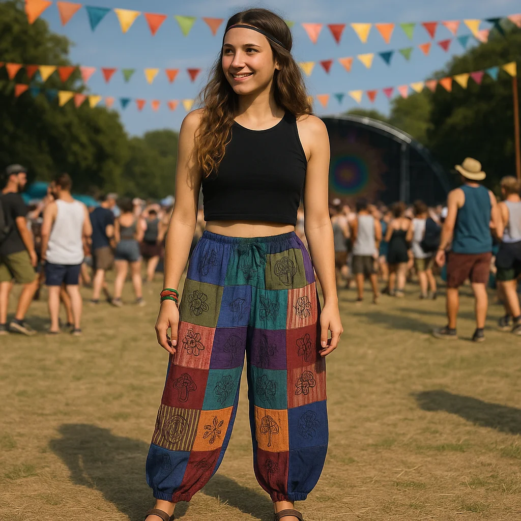 Nomad sari pants with mushroom block print in purple tones, suitable for small/medium sizes.