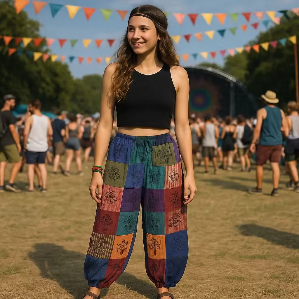 Purple mushroom print pants from Nomad Sari with block prints, a bohemian style pants