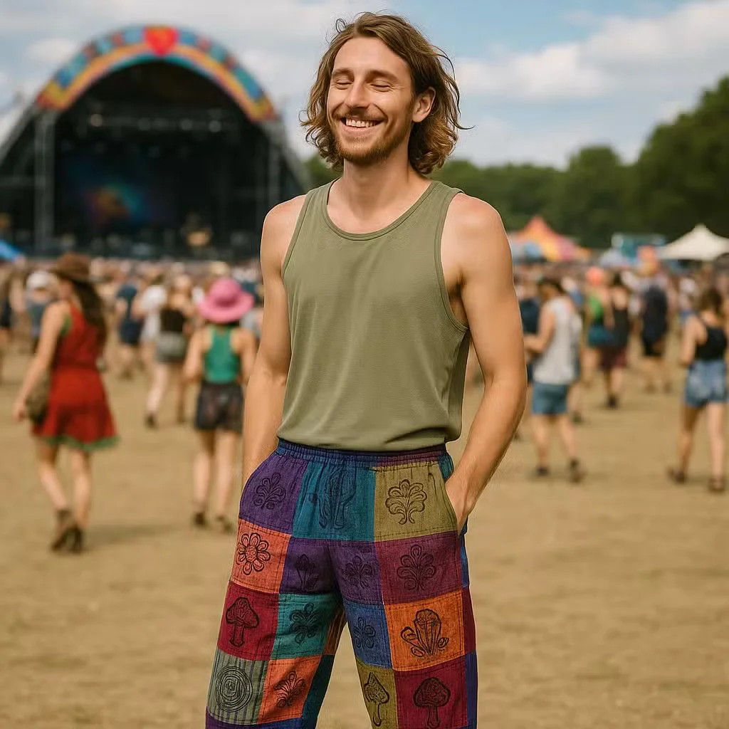 Purple mushroom print trousers with block print designs, styled in a relaxed fit