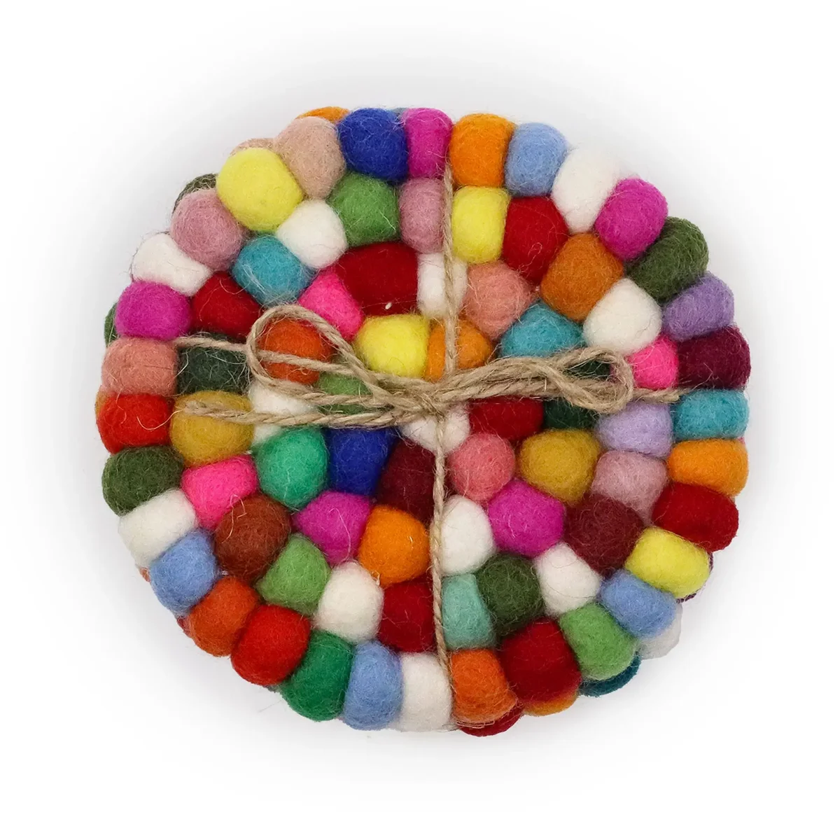 Four felt round coasters set of multi colour coasters, each cup shaped cushion one shade apart