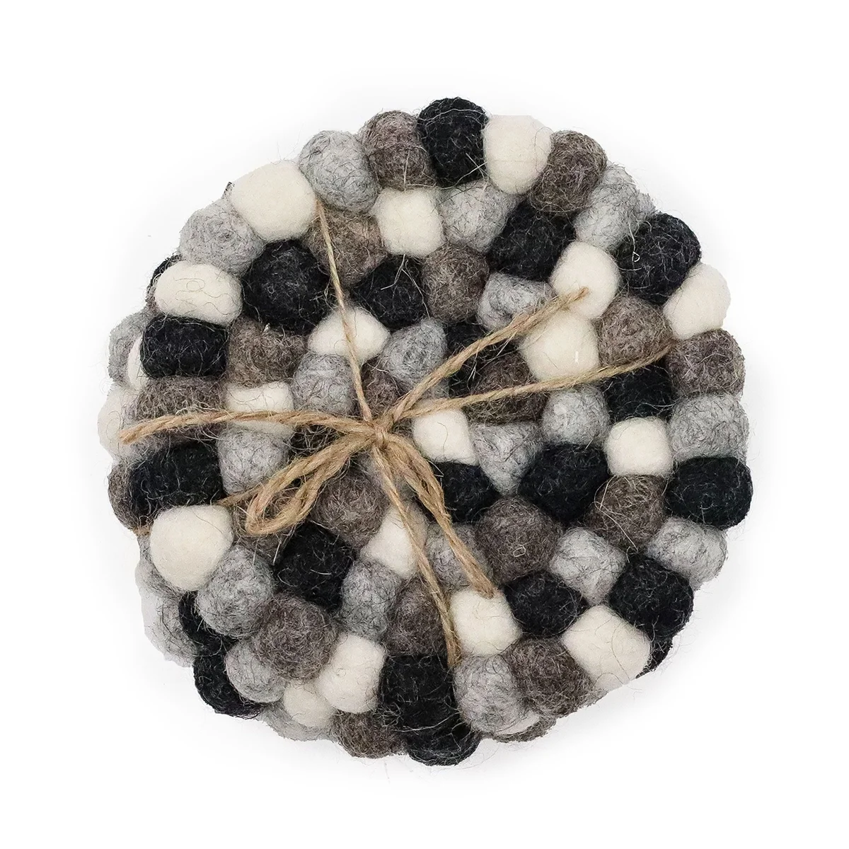 Set of four round felt ball coasters in multi grey shades.