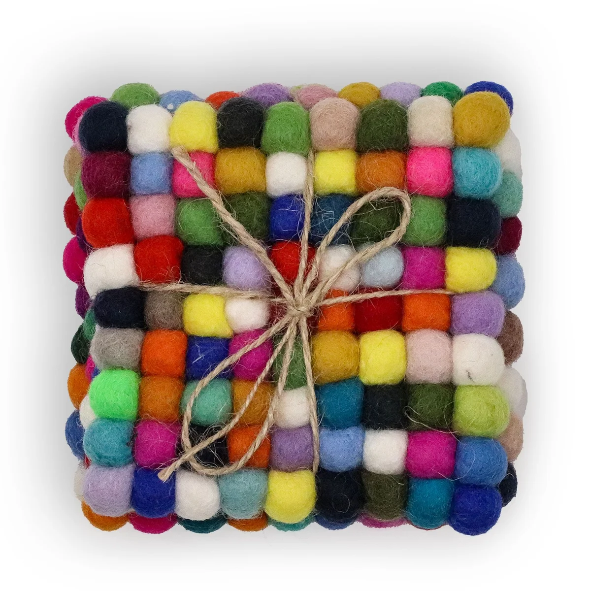 Four multi‑grey square felt ball coasters displaying a textured pattern, ready to protect surfaces.