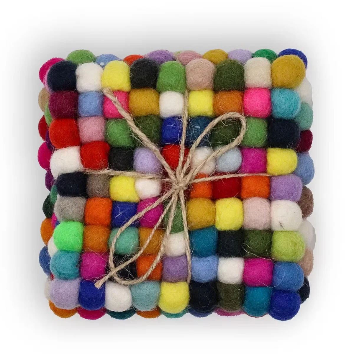 Set of four multi grey felt drink coasters with square shape, each with a ball pattern.