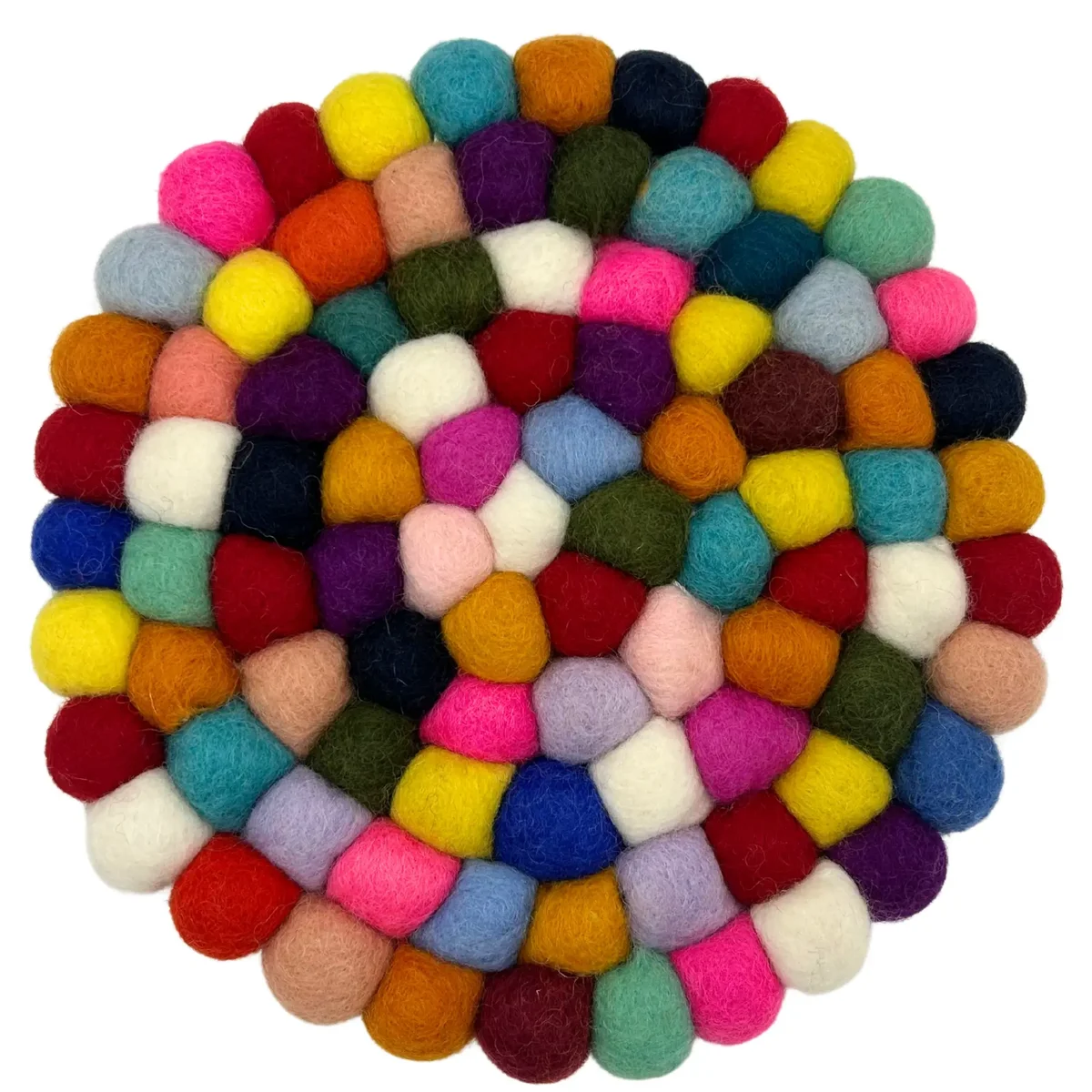 Multi-colour felt ball round placemat with vibrant, soft textured balls arranged in a circular pattern on a white background
