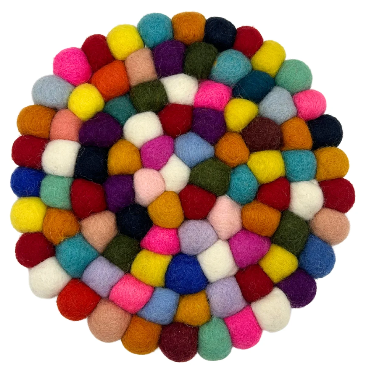 Round multi colour placemat made of felt balls arranged in a circular pattern on a white background