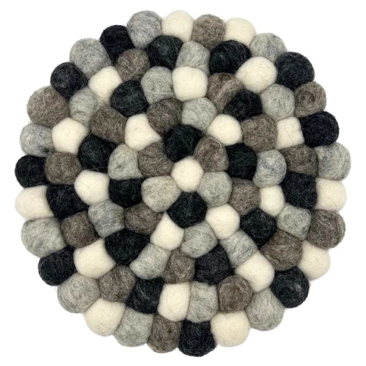 Round felt ball placemat in multi grey colours, showing textured circular design for table setting protection