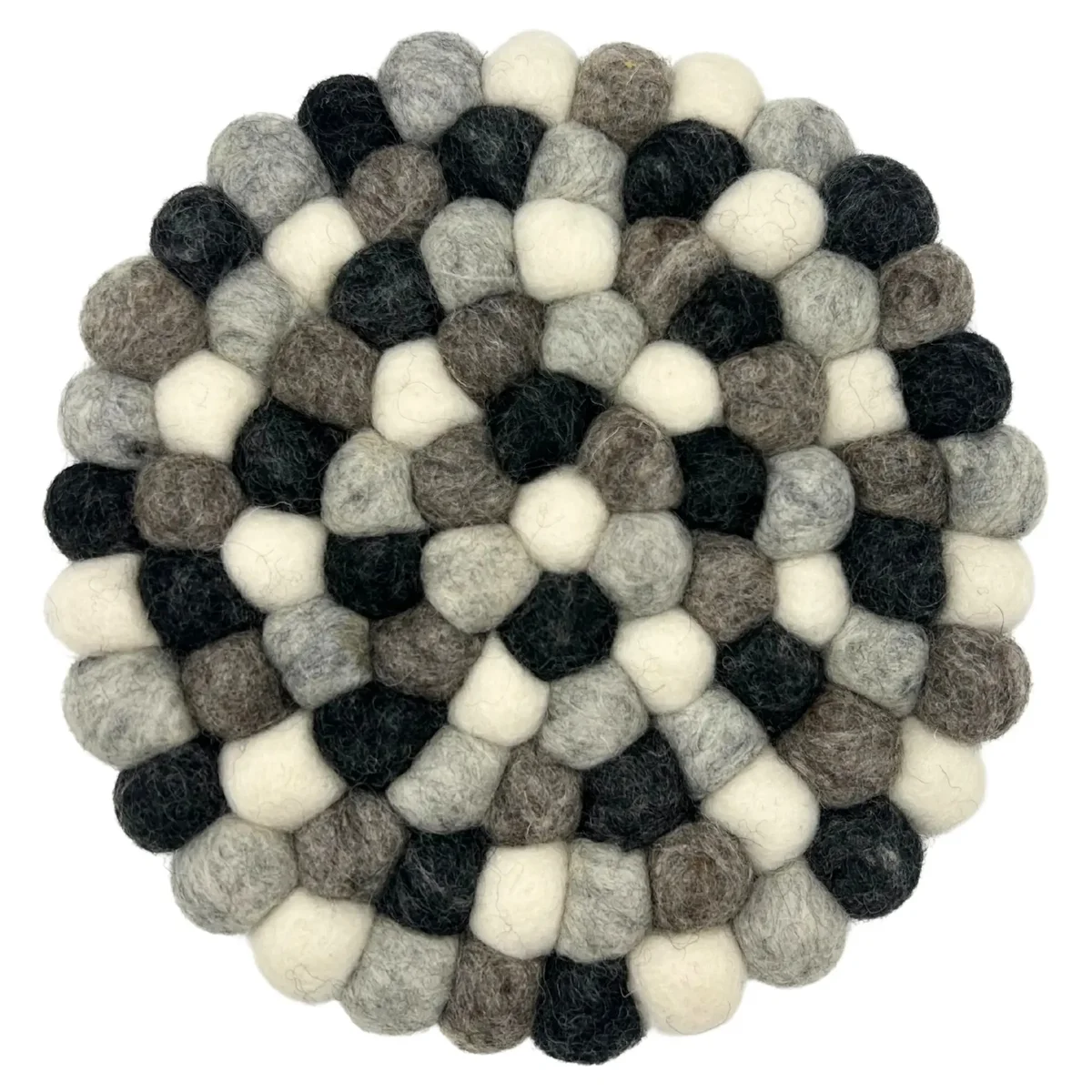Multi grey felt ball round placemat showing textured circular design for table setting and decor