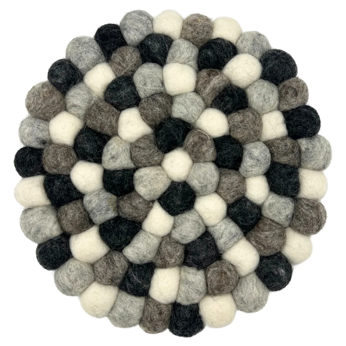 Round felt ball multi colour placemat in grey tones, showing textured circular design on a white background
