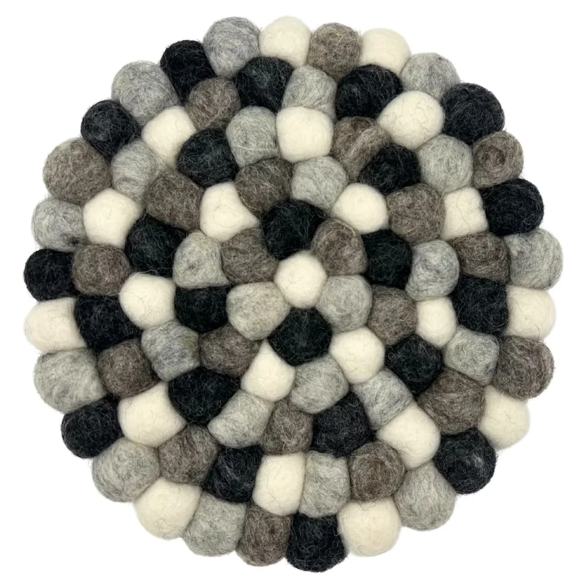 Multi grey felt placemat round made from soft felt balls arranged in a circular pattern on a white background