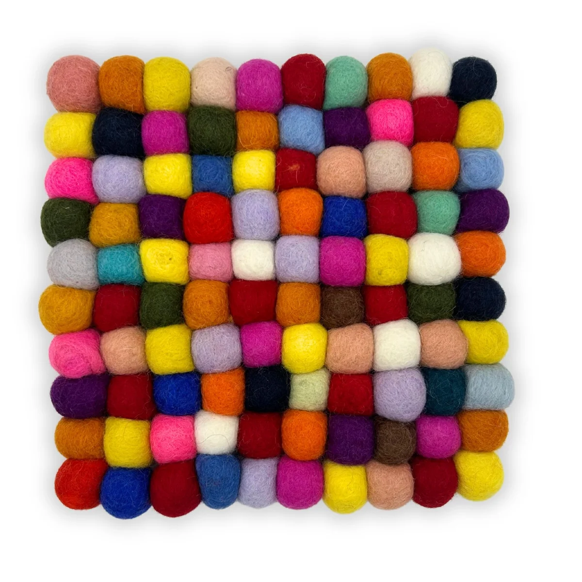 Multi-colour felt ball placemat in a square shape with vibrant, soft felt balls arranged closely together