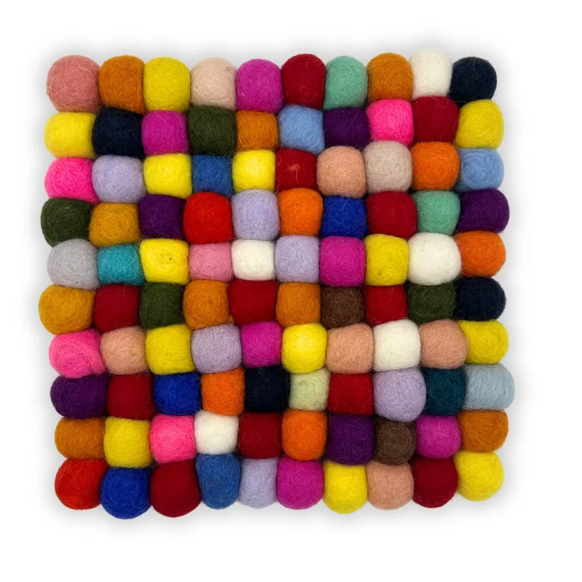 Multi-colour felt ball square table placemat with vibrant, soft textured balls arranged in a grid pattern