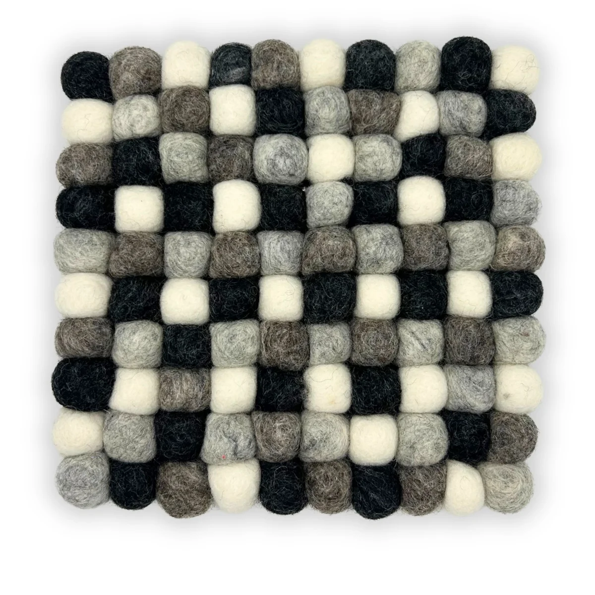 Square grey felt ball placemat with multi-coloured felt balls around the edge on a white background