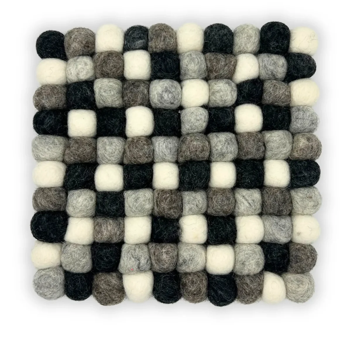 Square placemat grey made of multi-coloured felt balls arranged in a grid pattern on a flat surface